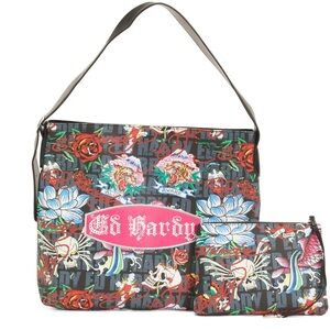 NWT Ed Hardy Black Floral Tattoo Print Shoulder Bag with Pouch